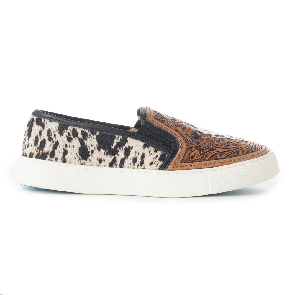 Myra Reflexo Textured Leather Slip-Ons -  Hairon Cowhide & Floral Tooling Comfort Sneakers for Women
