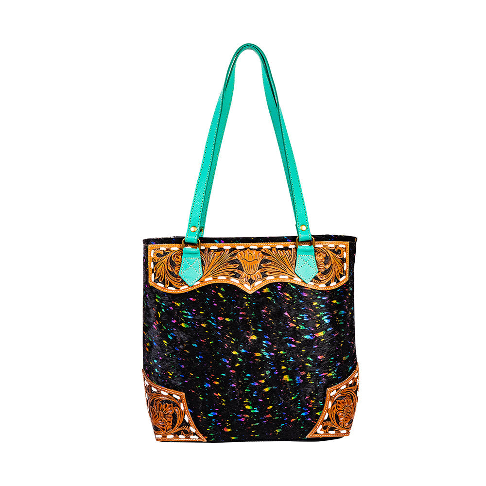 Myra Galaxy Fire Shoulder Bag for Women with handtooled leather in black sparkle with aqua straps