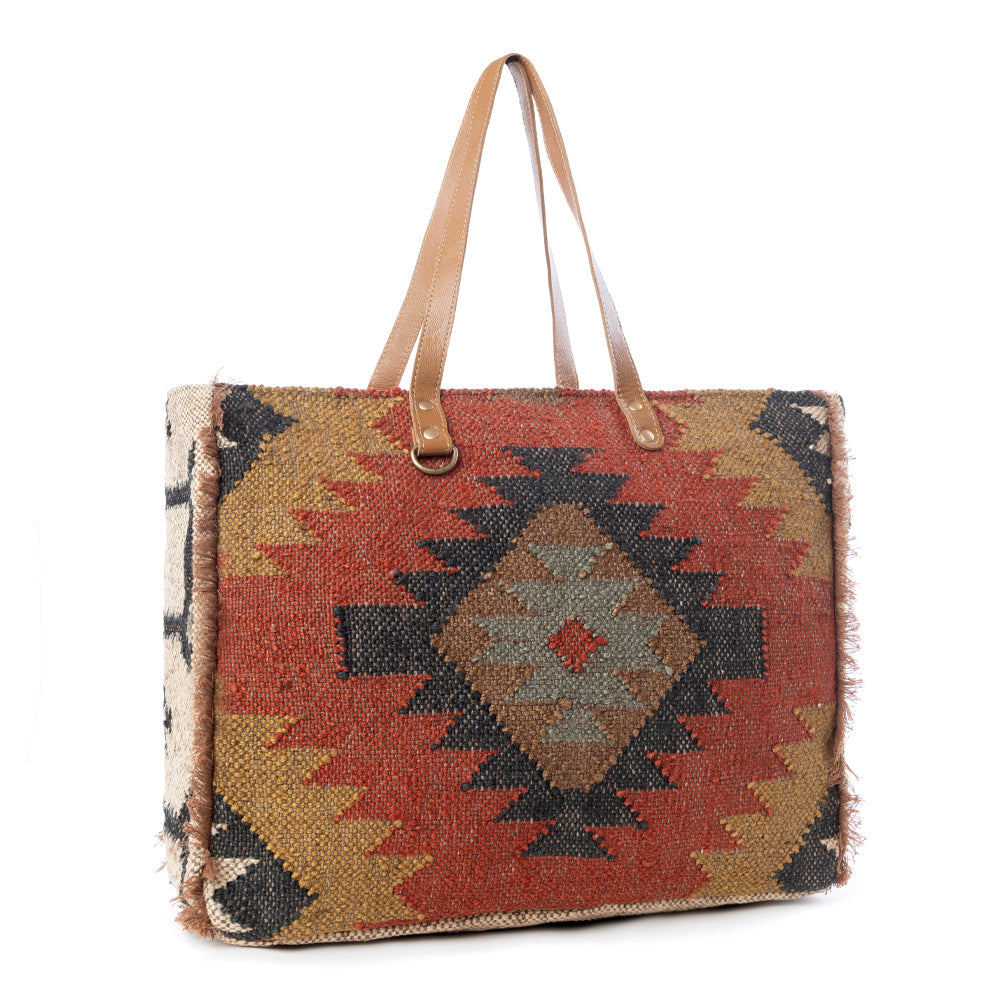 Myra Kaliko Hill Canvas Weekender Bag for Women, handwoven boho print with dual shoulder handles