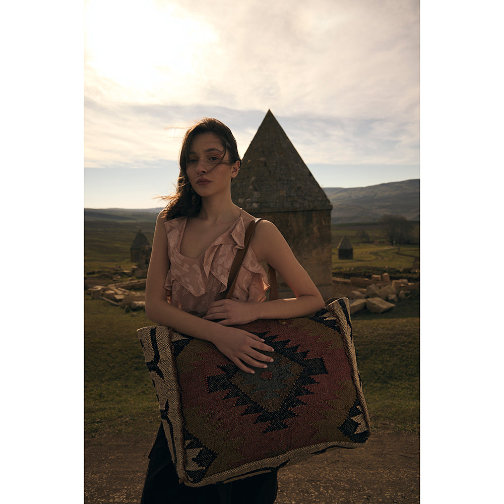 Myra Kaliko Hill Canvas Weekender Bag for Women, handwoven boho print with dual shoulder handles