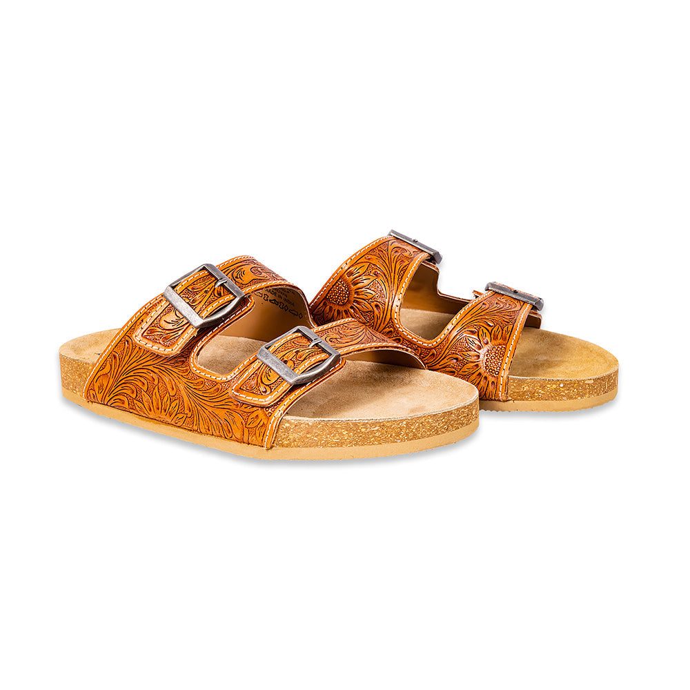 Myra Molly Megan Handtooled Leather Sandals - Easy Slip-on Dual Buckle Leather Flats for Women