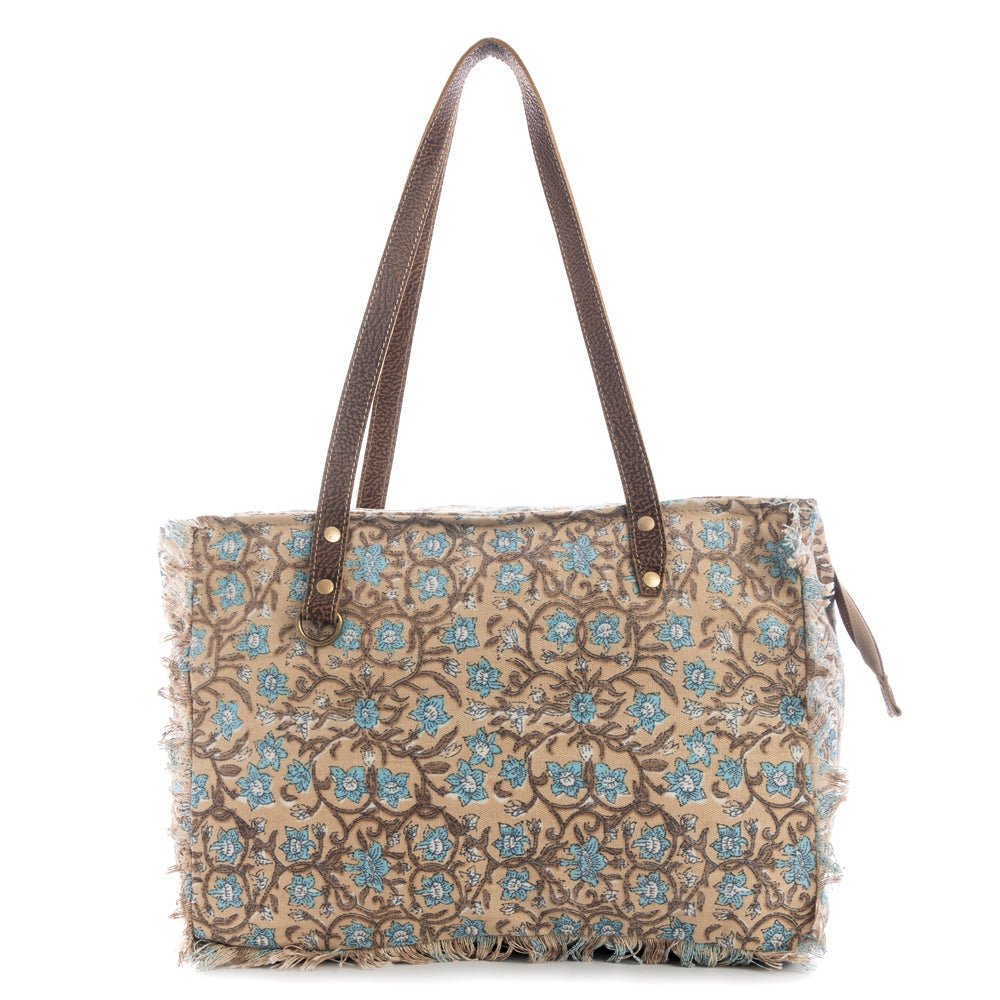 Myra San Ysidro Falls Floral Weekender Bag for Women â€“ Distressed Fabric, Leather Handles & Rustic Fringe Details
