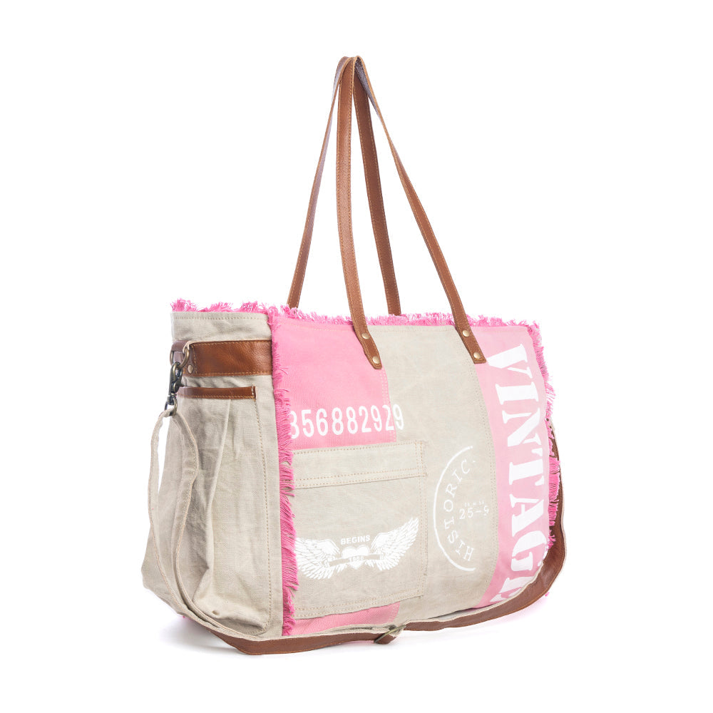 Myra Queen Creek Weekender Bag in Pink - Spacious Leather Travel Tote with Patchwork, Leather Handles, and Playful Retro Vibes