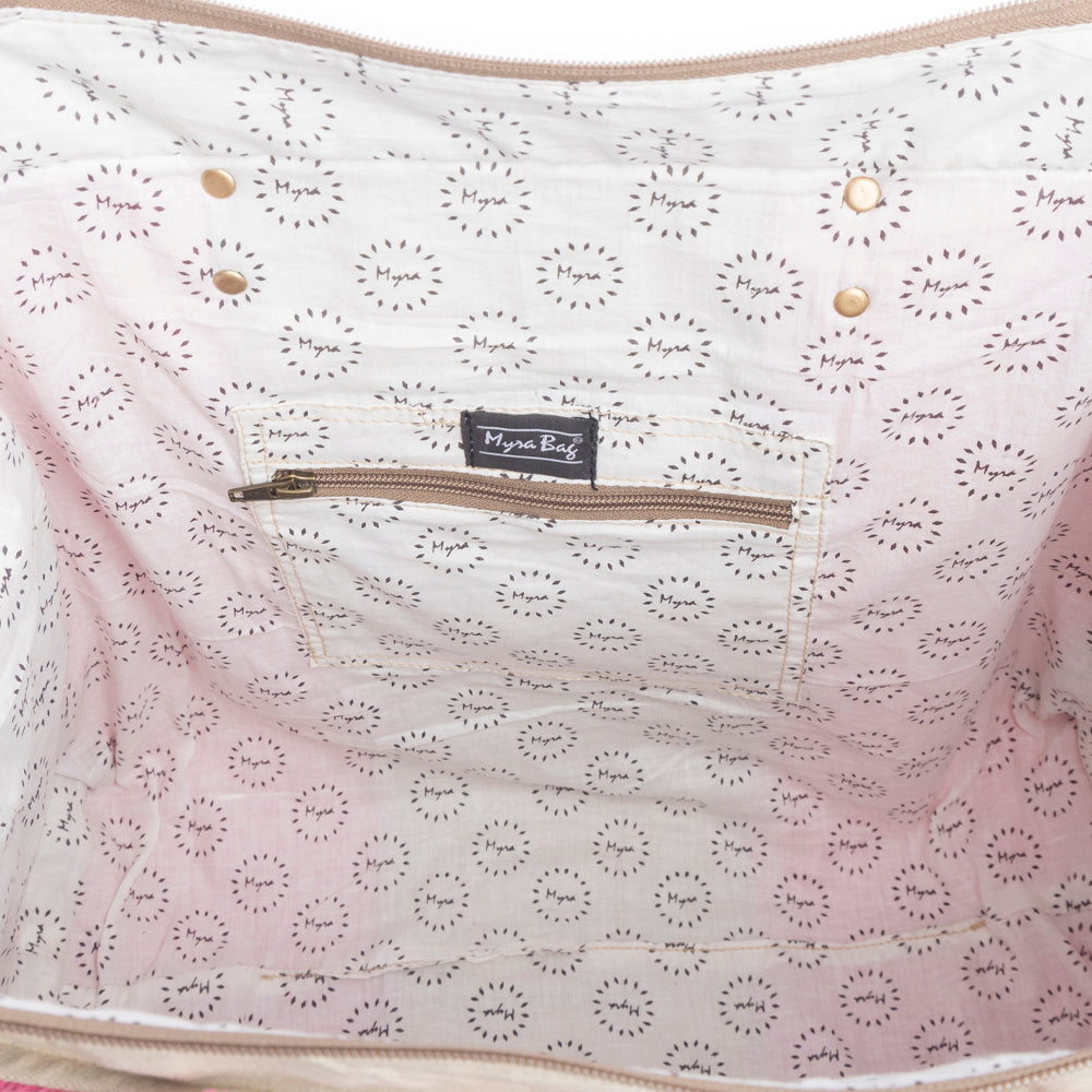 Myra Queen Creek Weekender Bag in Pink - Spacious Leather Travel Tote with Patchwork, Leather Handles, and Playful Retro Vibes