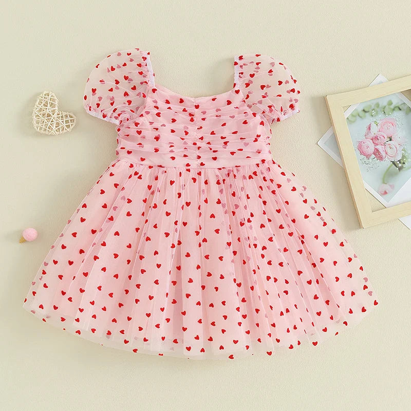 Baby Toddler Girl Valentine’s Day Dress Heart Print Short Puff Sleeve Tulle Princess