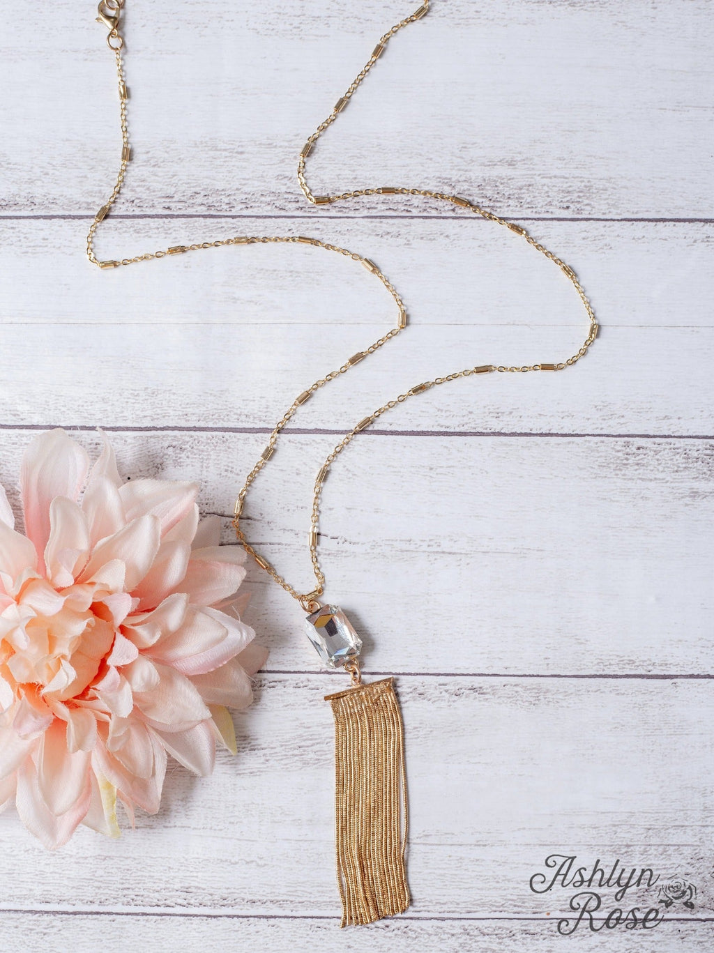 CATCH THE LIGHT SQUARE CRYSTAL GOLD FRINGE PENDANT ON A GOLD CHAIN NECKLACE