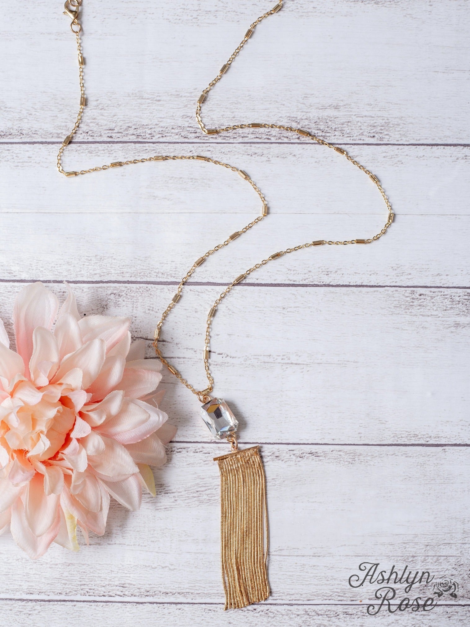 CATCH THE LIGHT SQUARE CRYSTAL GOLD FRINGE PENDANT ON A GOLD CHAIN NECKLACE