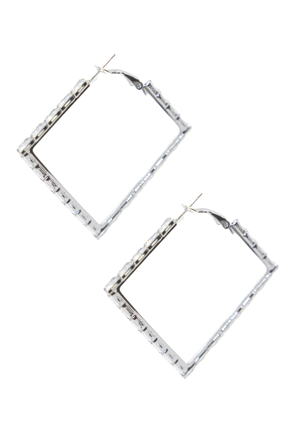 Large Silver and Crystal Square Hoops Earrings