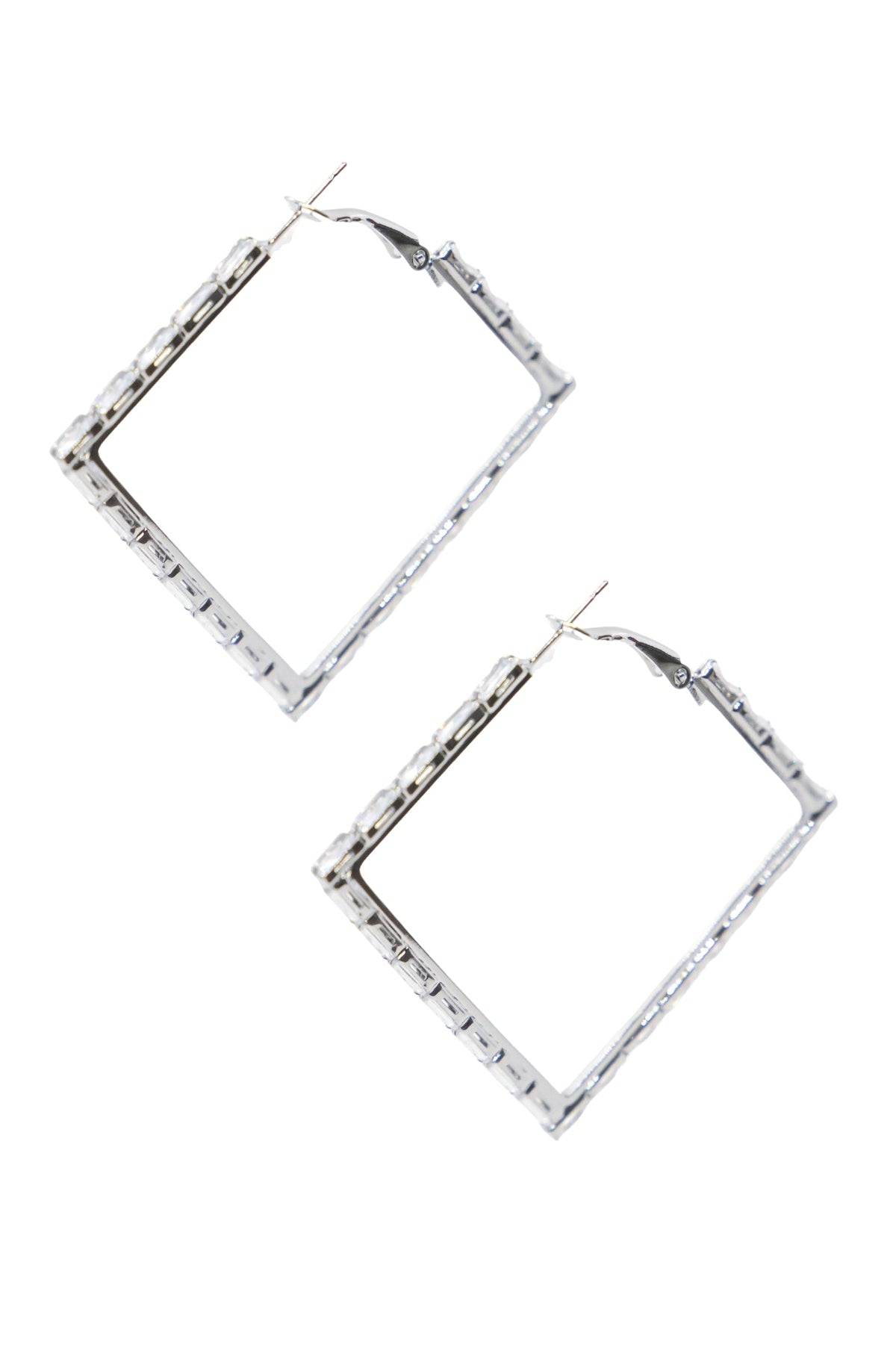 Large Silver and Crystal Square Hoops Earrings