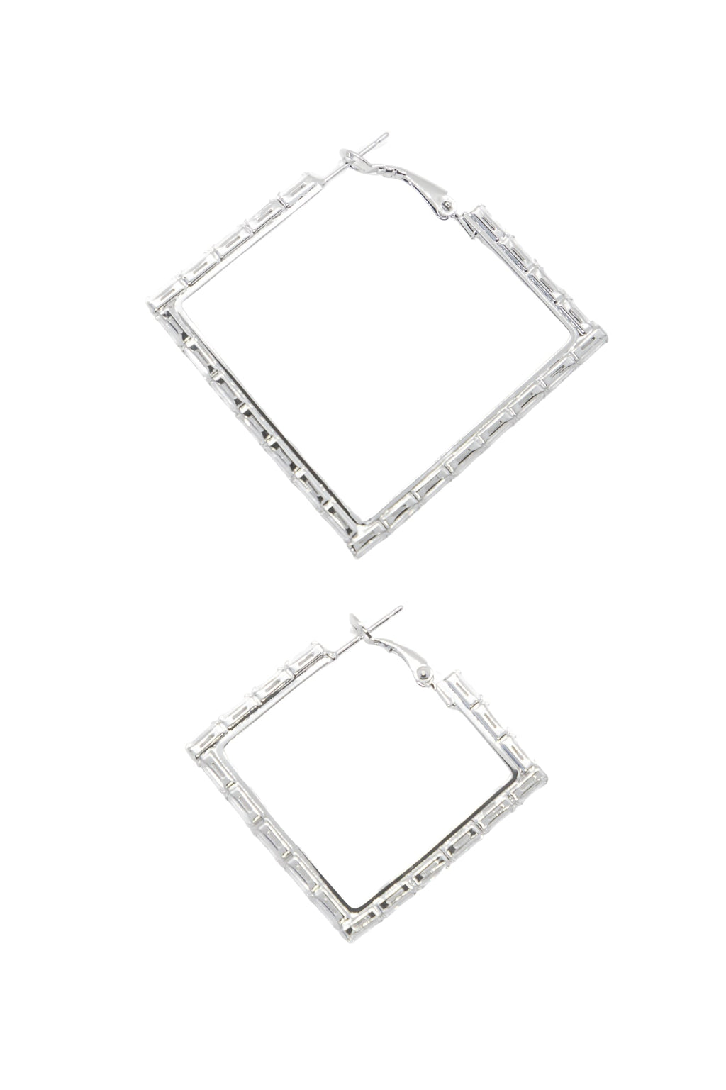 Large Silver and Crystal Square Hoops Earrings