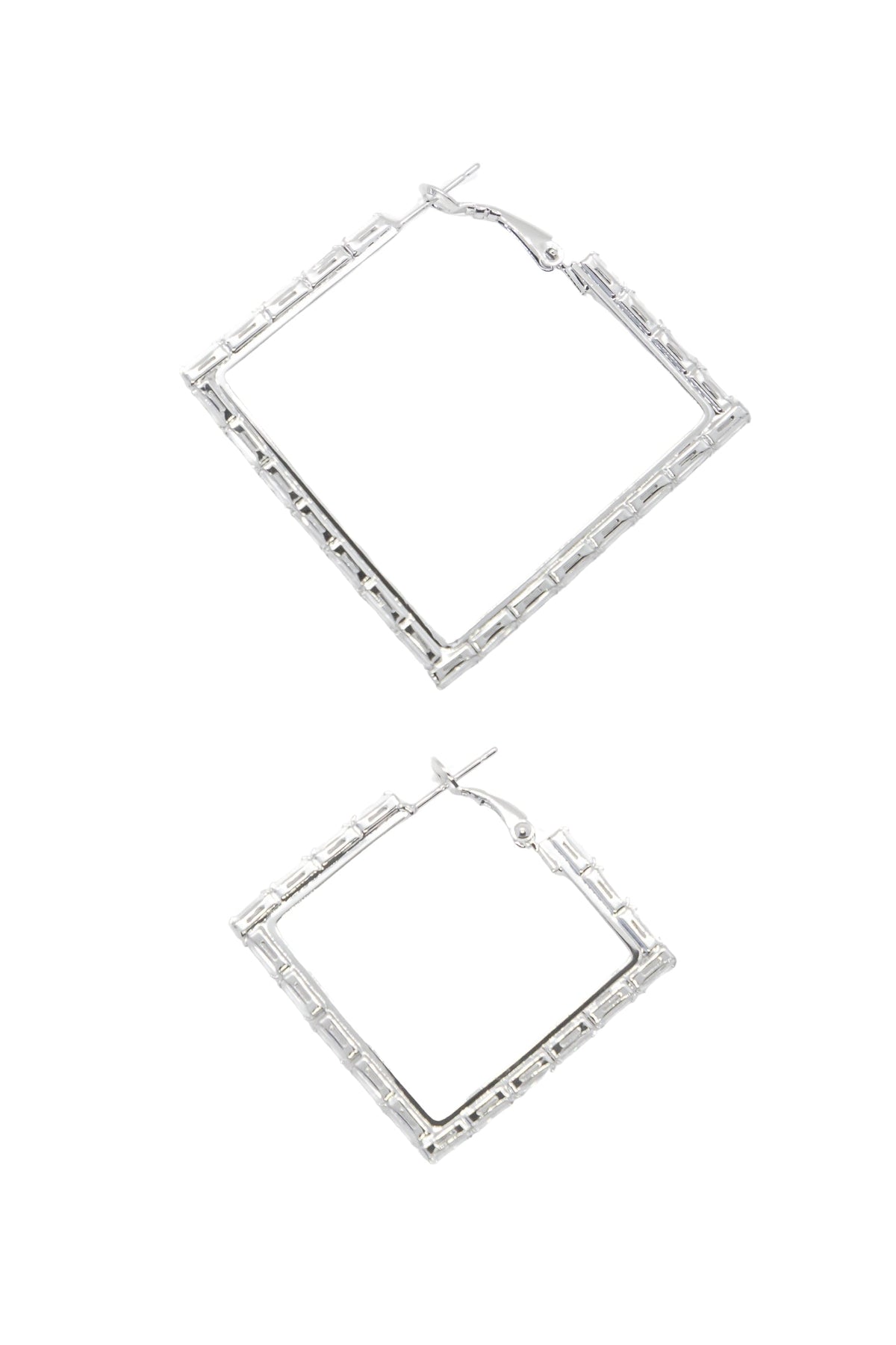 Large Silver and Crystal Square Hoops Earrings