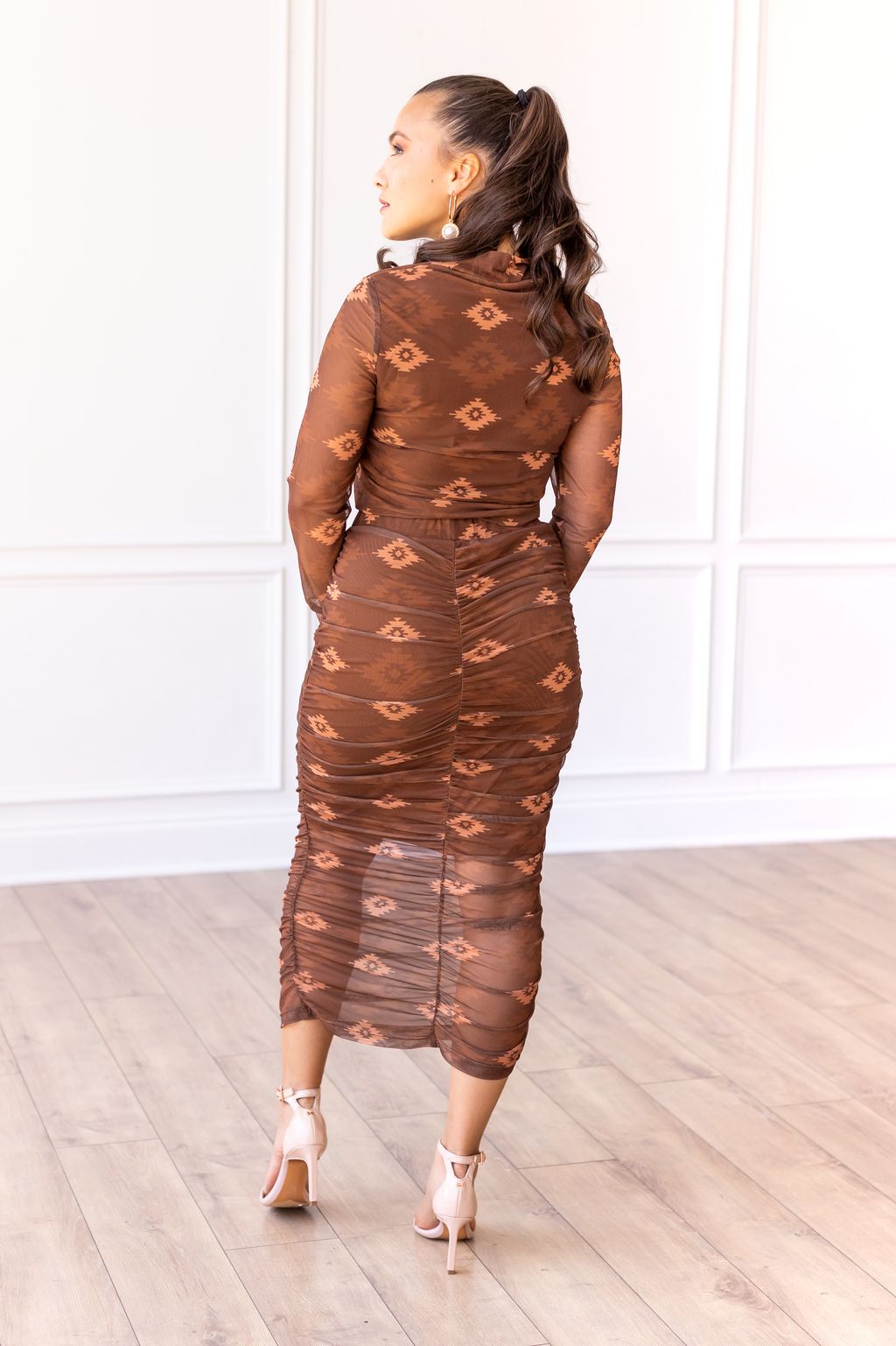 Southwestern Aztec Mesh Midi Skirt, Brown