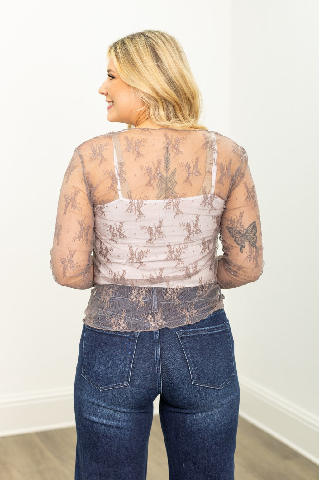 Lace Long-sleeve Top, Grey