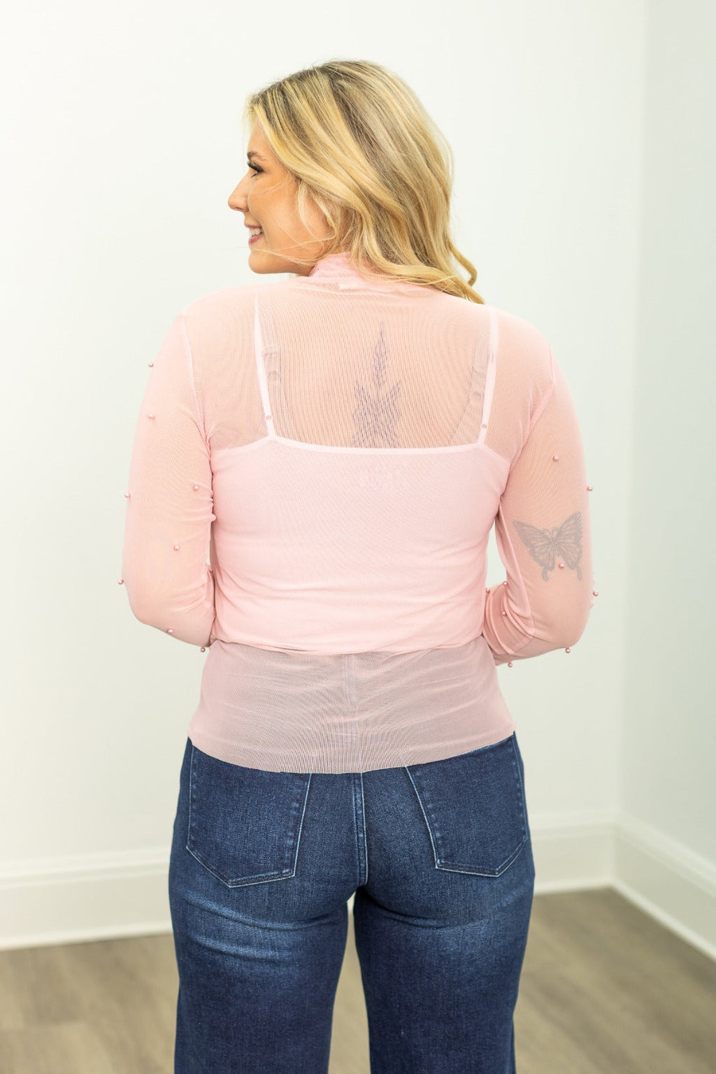 Mock Neck Mesh Top with Pearl Detail, Pink
