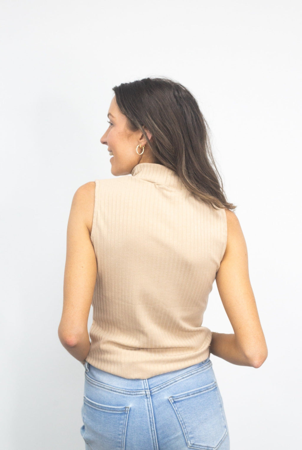 Sleeveless Ribbed Mock Neck Top, Tan