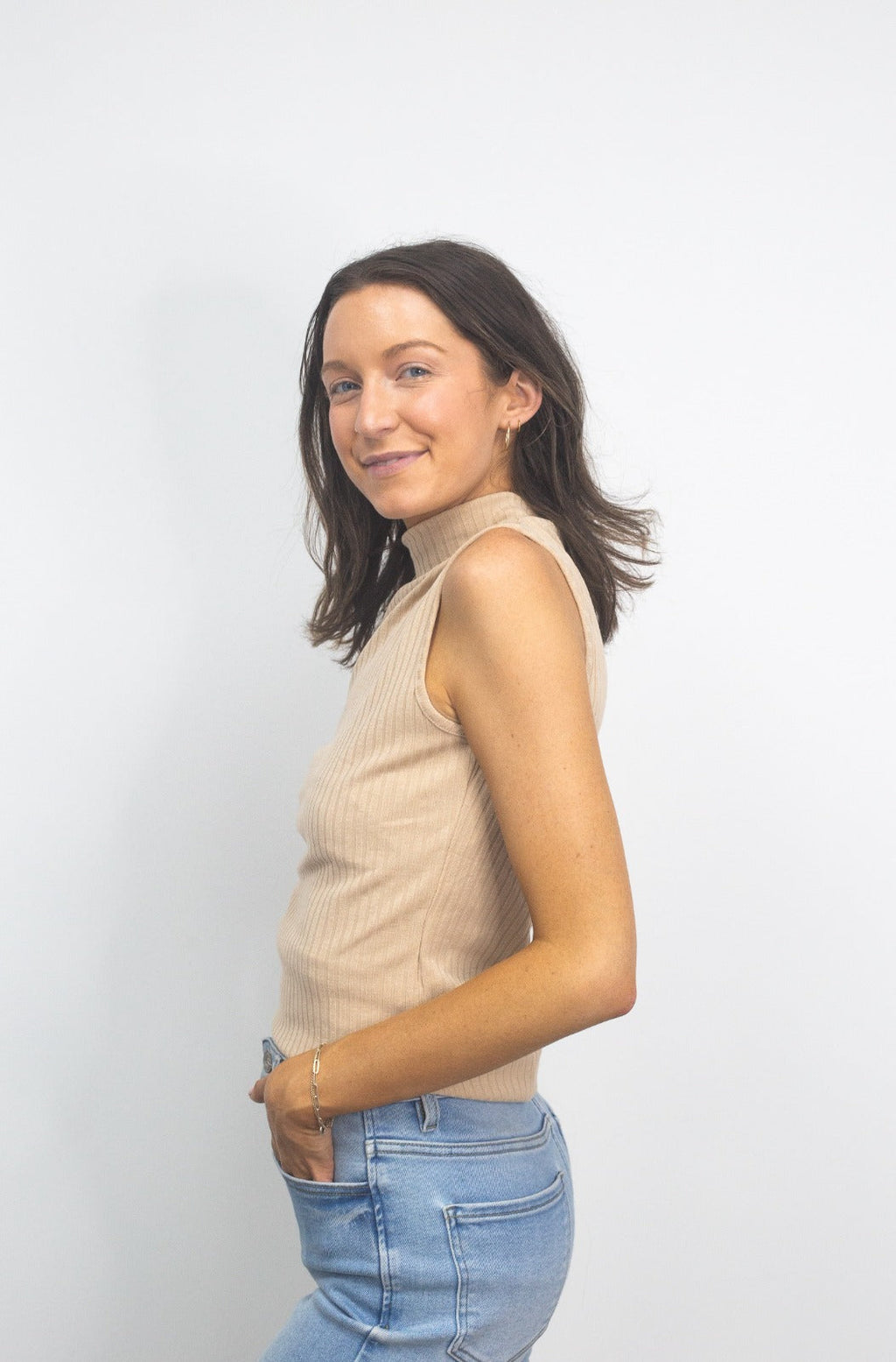 Sleeveless Ribbed Mock Neck Top, Tan