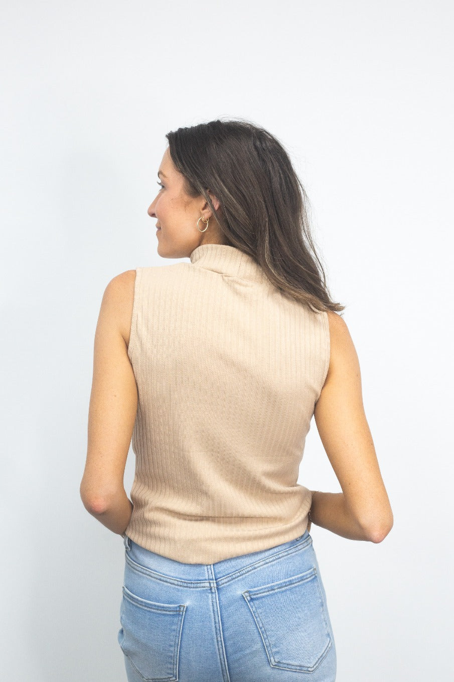 Sleeveless Ribbed Mock Neck Top, Tan