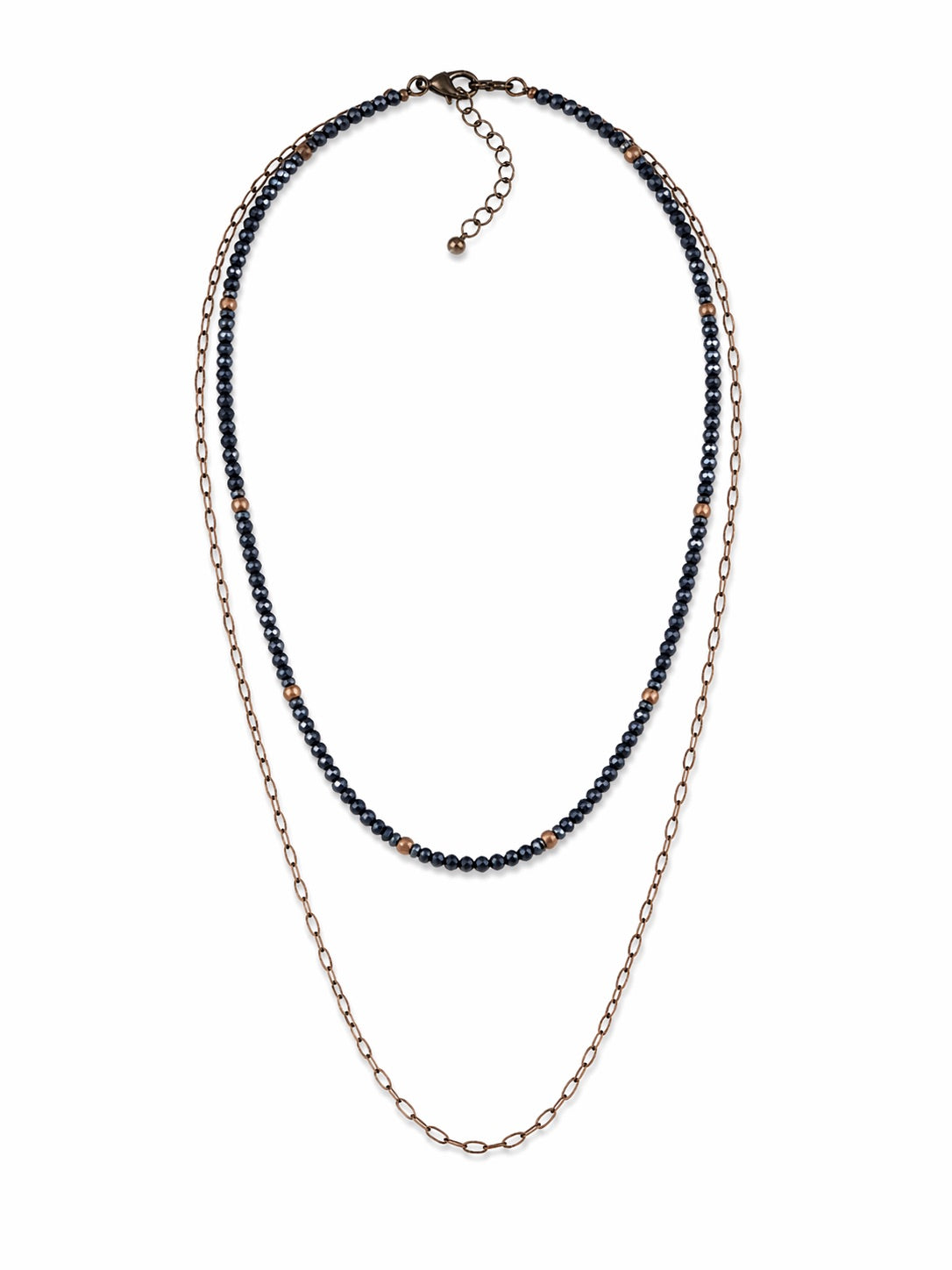 Glitz, Glam, Simple Strands Double Beaded Navy Blue Necklace with A Gold Chain