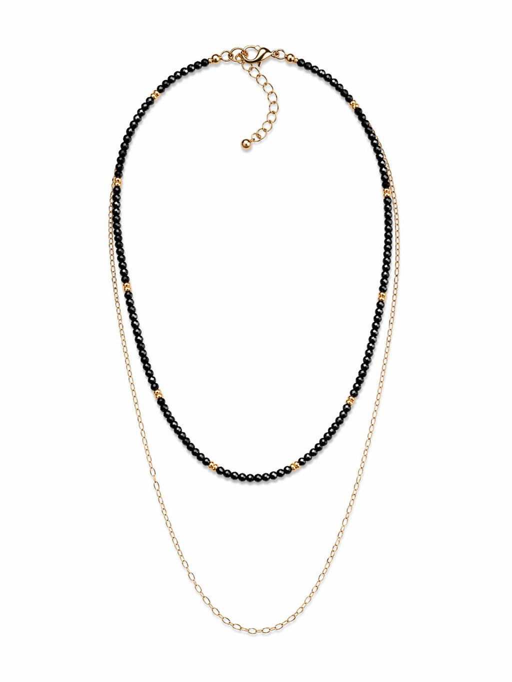 Glitz, Glam, Simple Strands Double Beaded Black Necklace with A Gold Chain