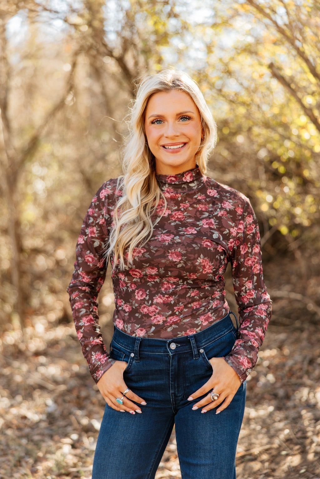 Mock Neck Mesh Top, Floral