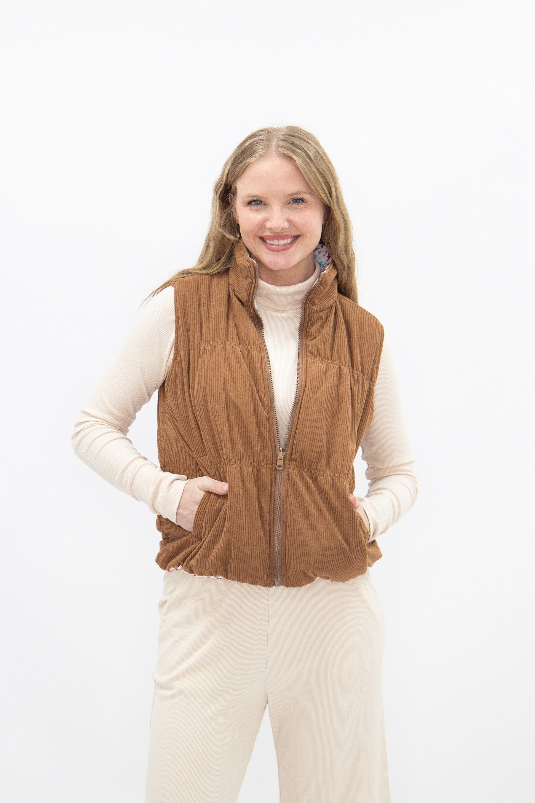 The Gillian Reversible Tan and Floral Puffer Vest
