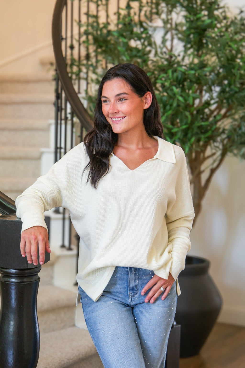 Waffle Knit Top, Ivory