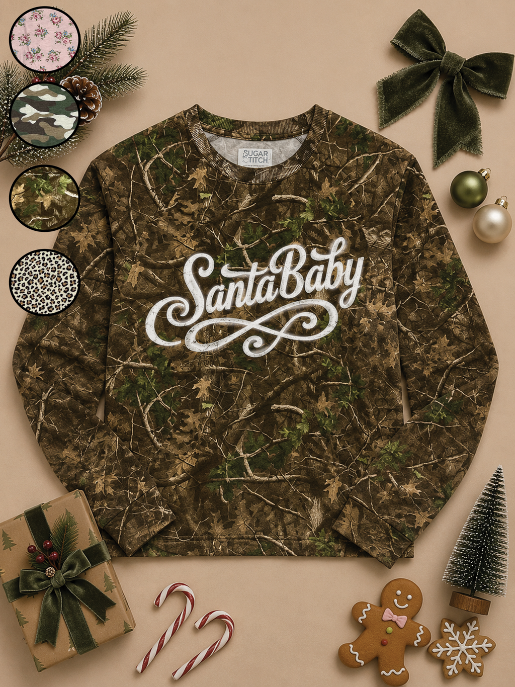 Santa Baby Script White Glitter AOP Edgy Long Sleeve Graphic Shirt