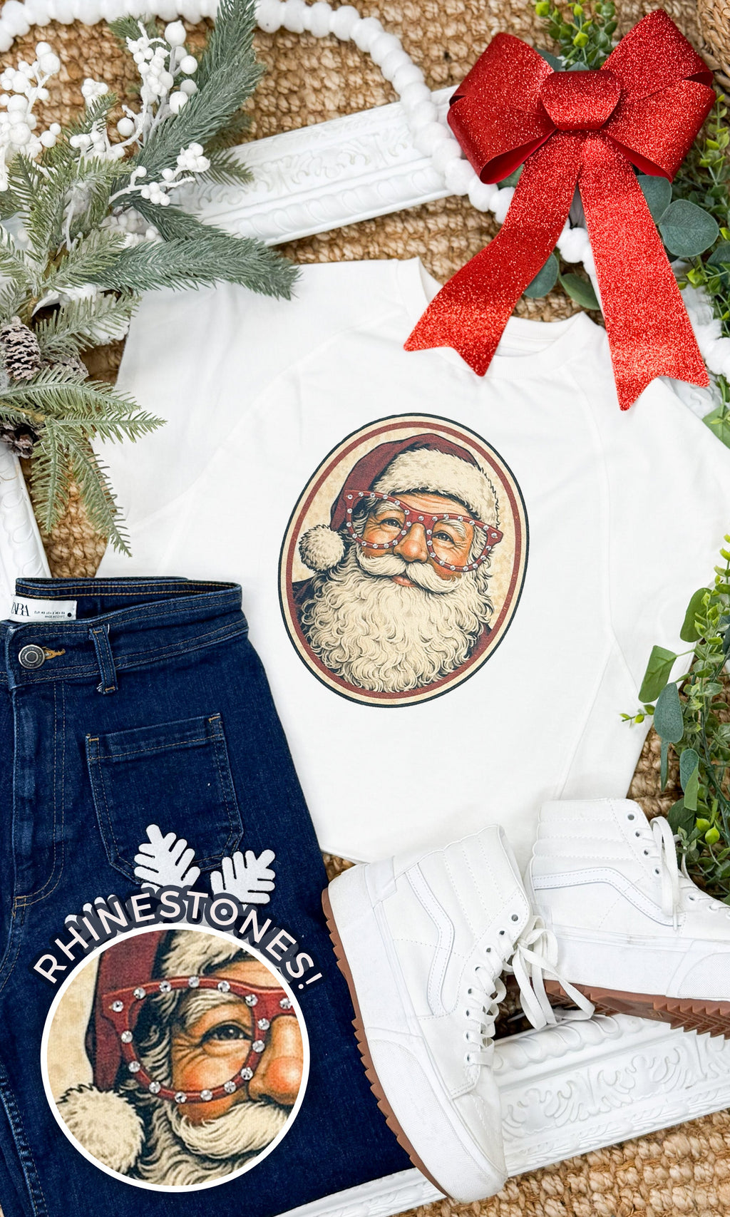 Santa with Rhinestone Specs Graphic Edgy Shirt