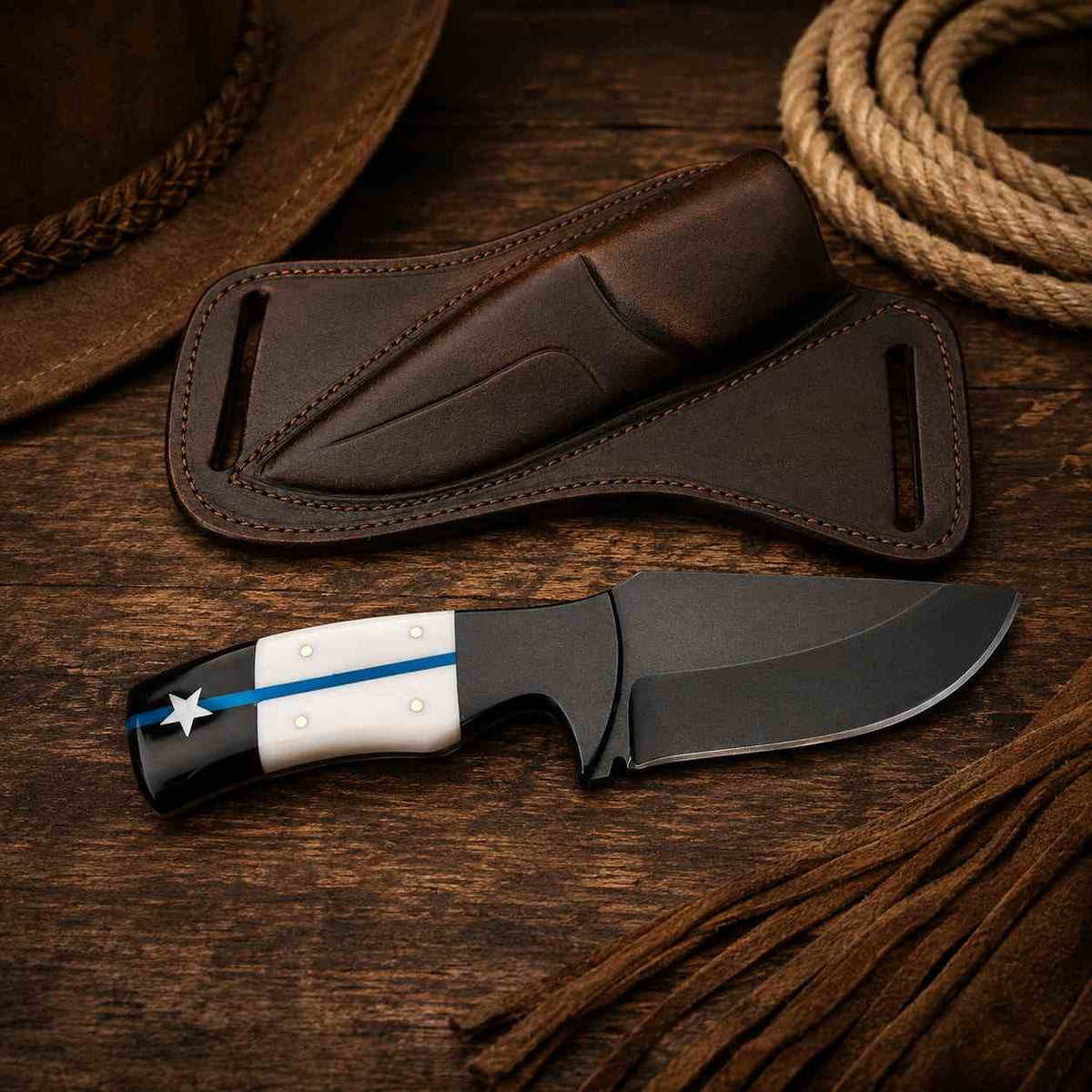 3.5-Inch D2 Steel Cowboy Knife with Texas Enforcement Resin Handle & Steel Bolster