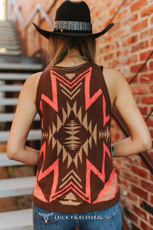 Brown Aztec Sleeveless Knit Tank Top