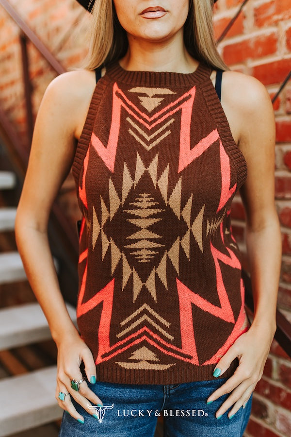 Brown Aztec Sleeveless Knit Tank Top