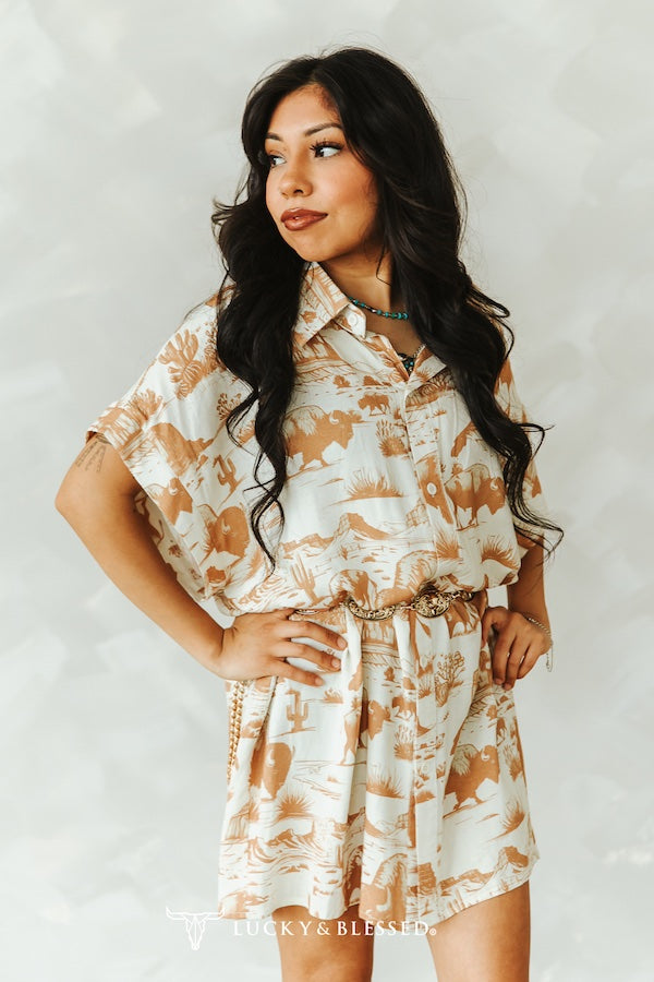 Western Buffalo Printed Button Down Collared Tunic