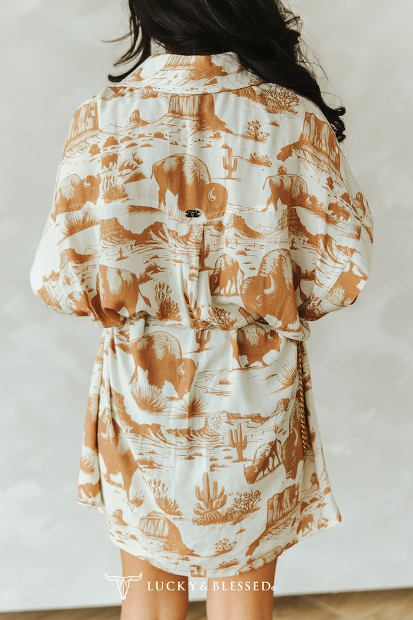 Western Buffalo Printed Button Down Collared Tunic