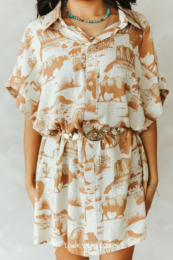Western Buffalo Printed Button Down Collared Tunic