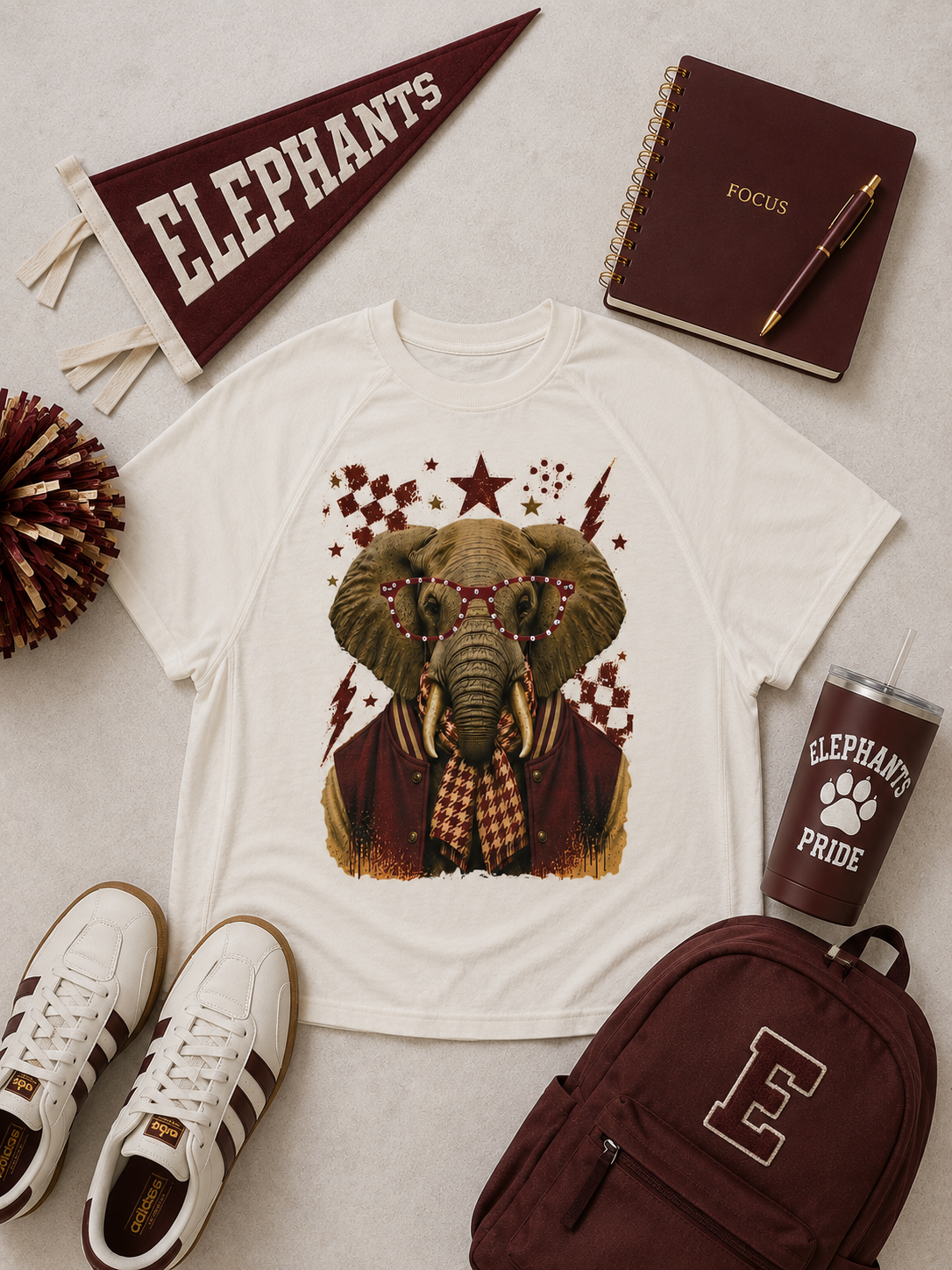 Varsity Specs Rhinestone Elephant Spirit Graphic Edgy Shirt