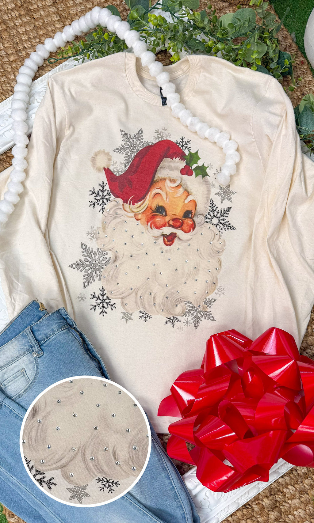 Vintage Santa Rhinestone Graphic Long Sleeve Shirt