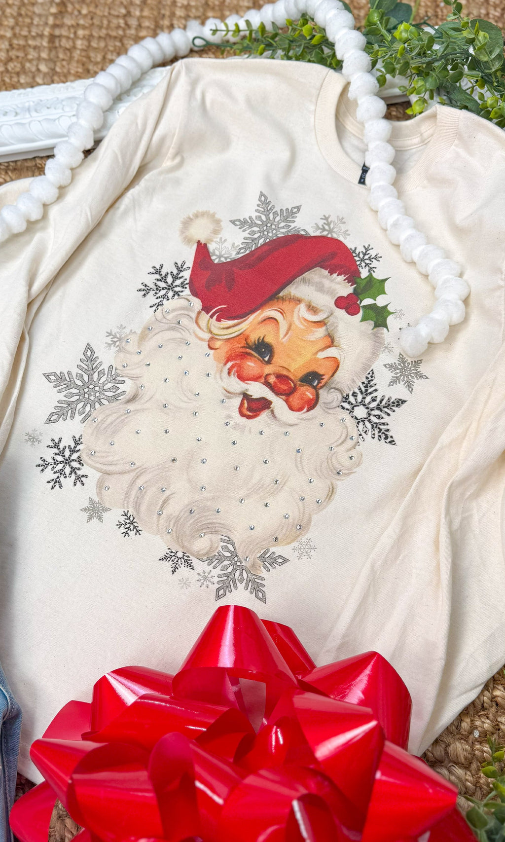 Vintage Santa Rhinestone Graphic Long Sleeve Shirt