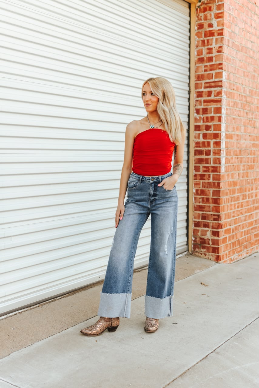 Mid Wash High Rise Cuffed Trouser Jeans