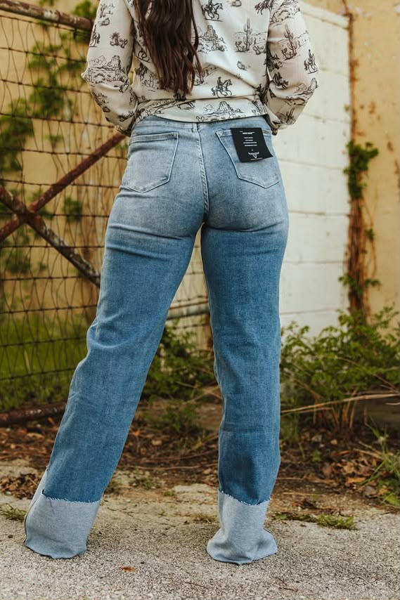 Mid Wash High Rise Cuffed Trouser Jeans