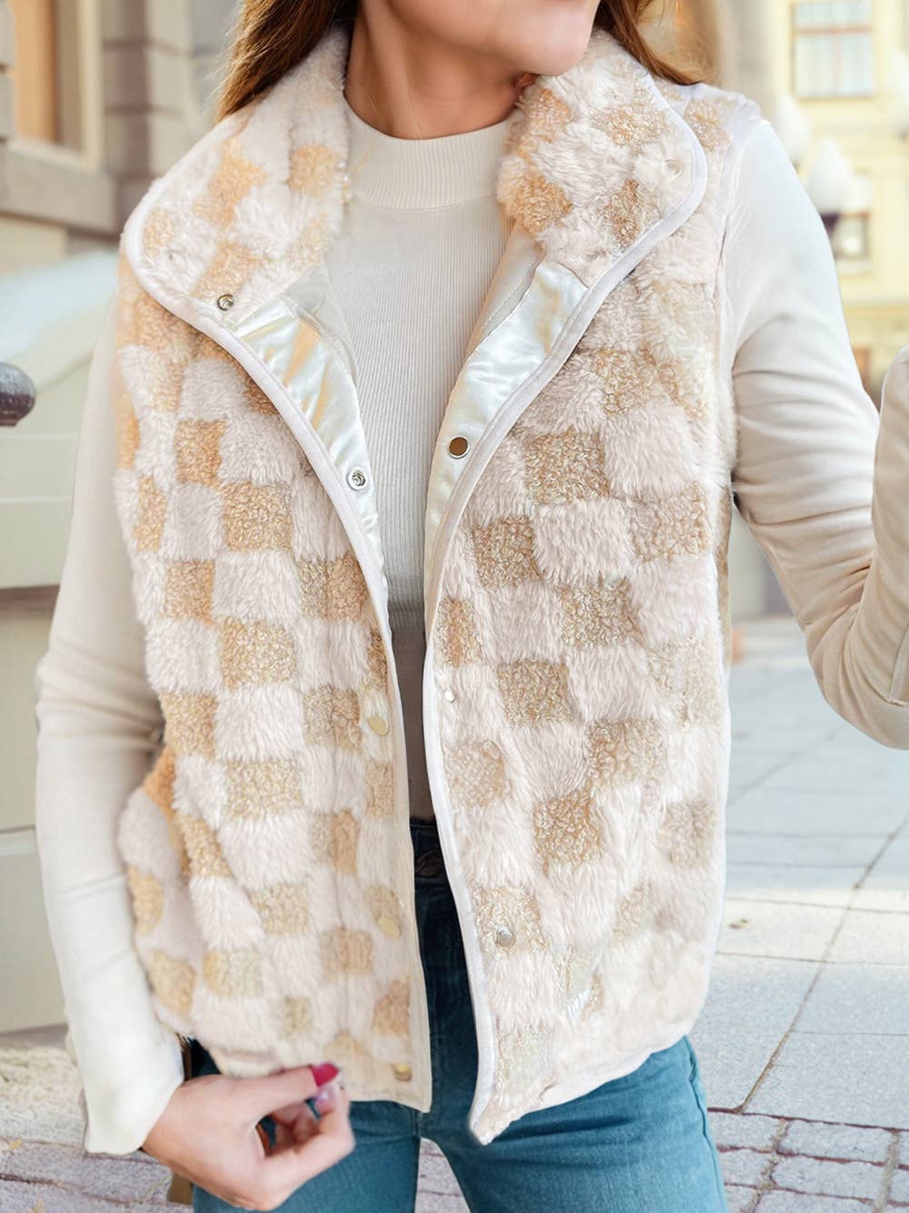 Sherpa Checkerboard Snap Button Vest