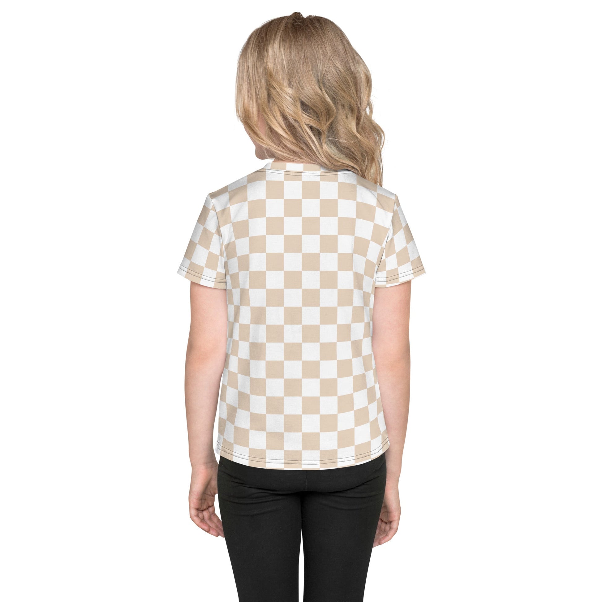 Checkered Tan White Toddler Kids Crew Neck T-shirt