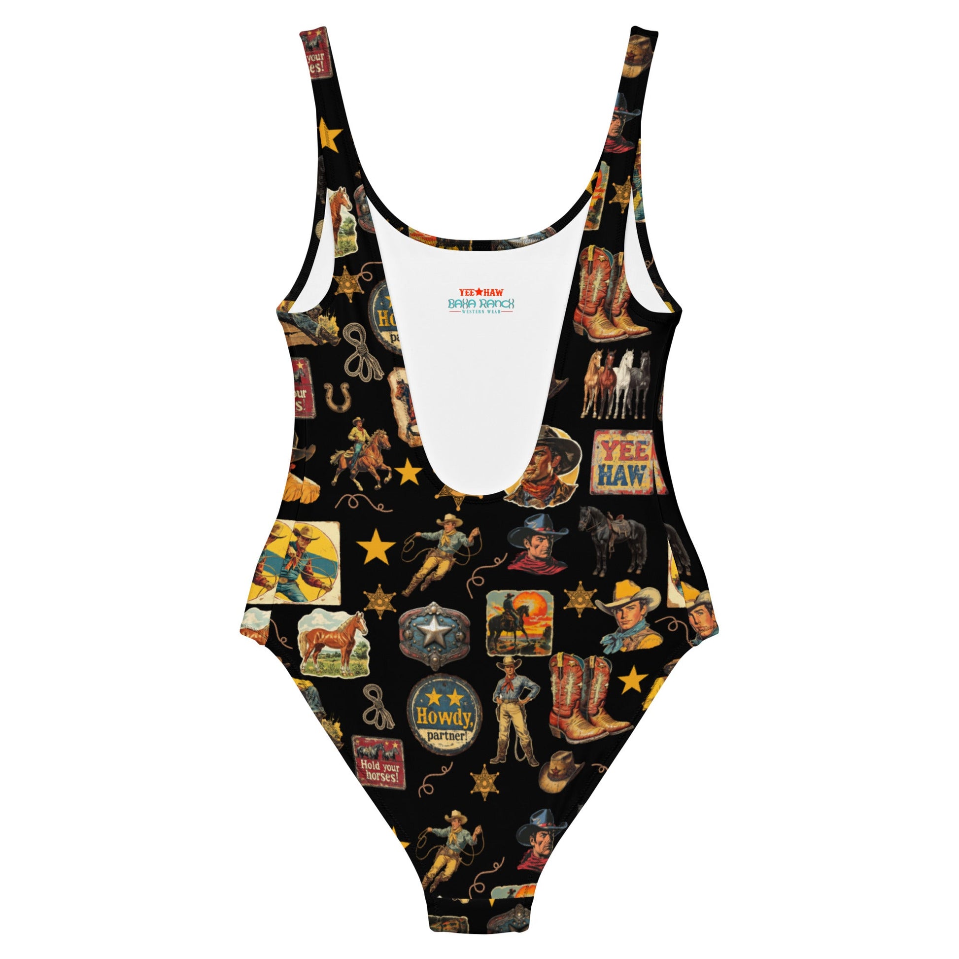Baha Ranch Yeehaw Vintage Cowboy Collage Western One-Piece Swimsuit