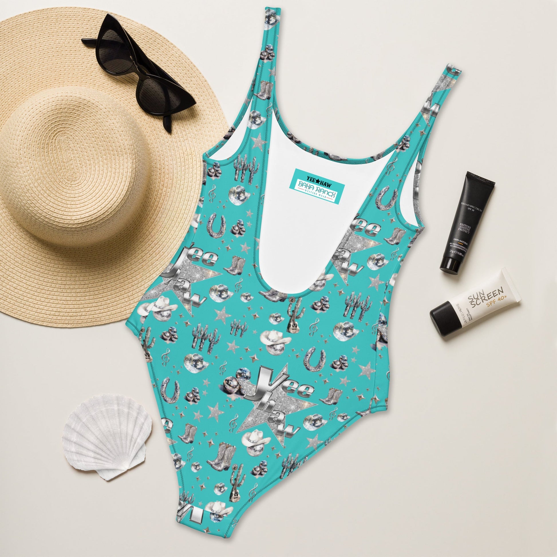 Baha Ranch Yeehaw Rhinestone Cowgirl Turquoise One-Piece Swimsuit