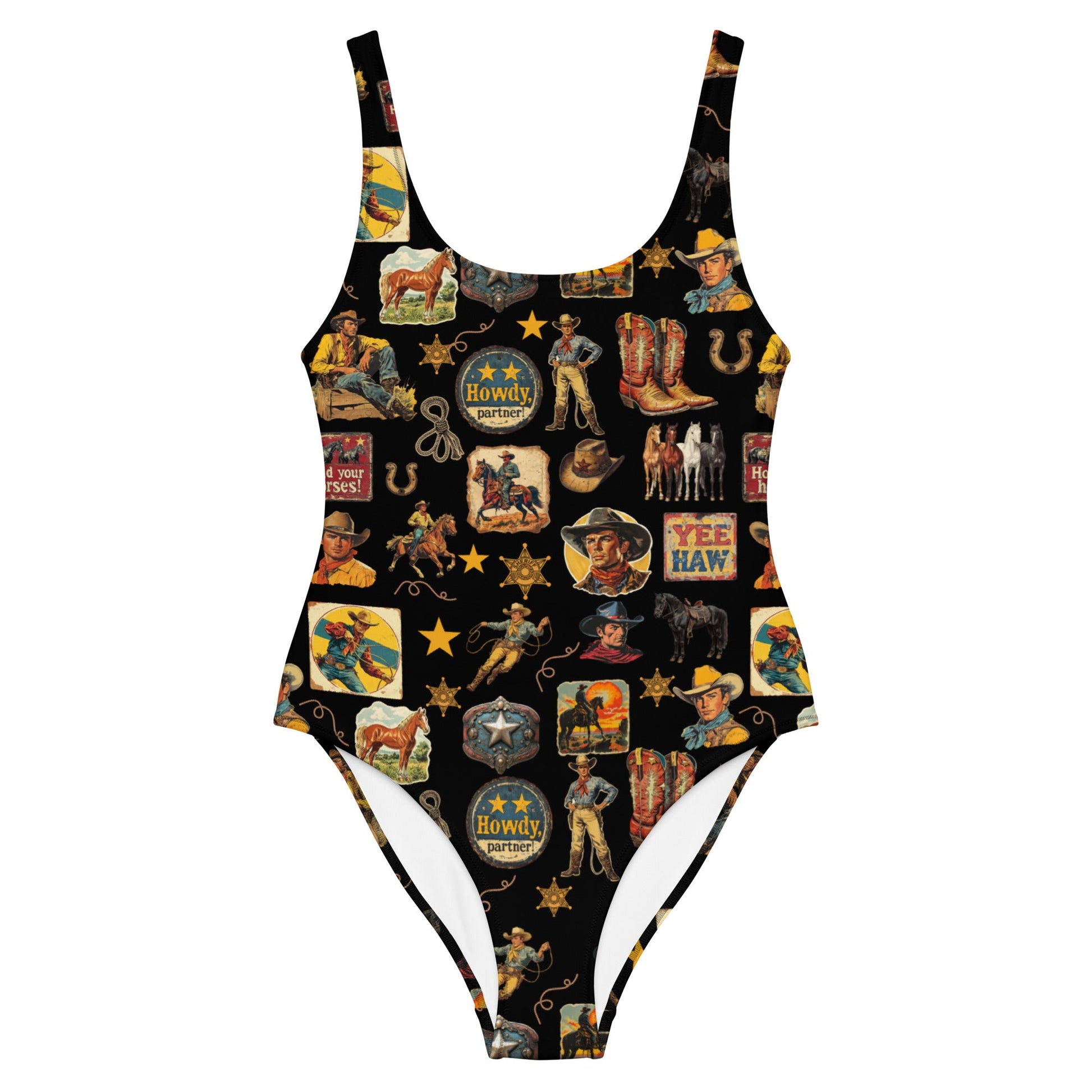 Baha Ranch Yeehaw Vintage Cowboy Collage Western One-Piece Swimsuit