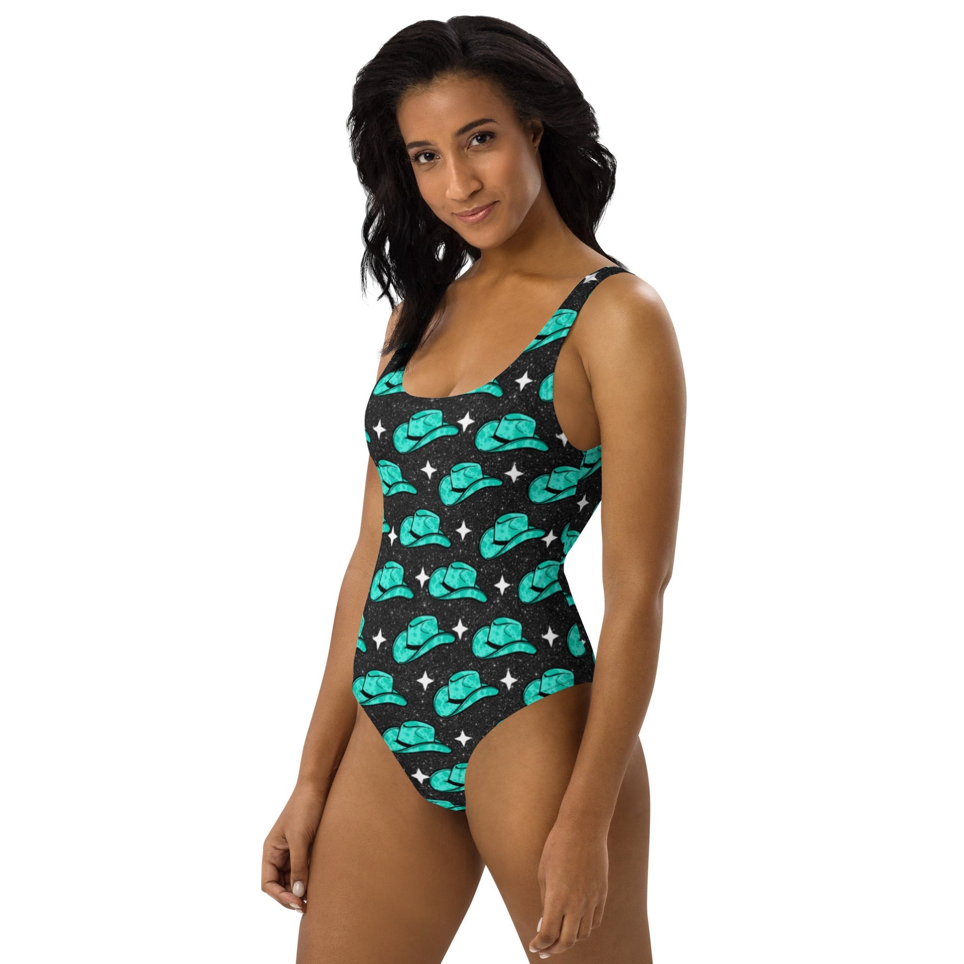 Baha Ranch Yeehaw Turquoise Hat One-Piece Swimsuit