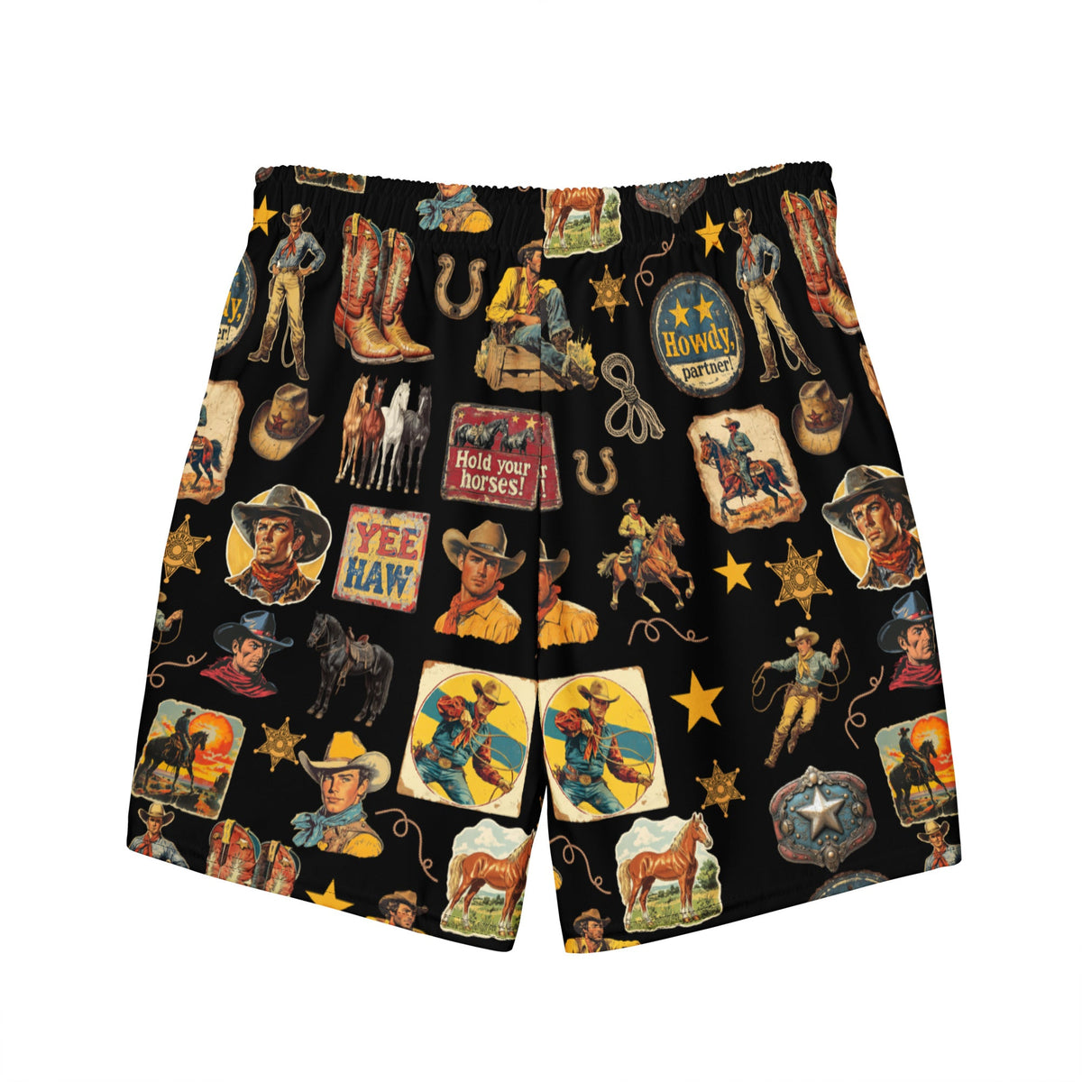 Baha Ranch YEEHAW Vintage Cowboy Collage Western Swim Trunks Shorts