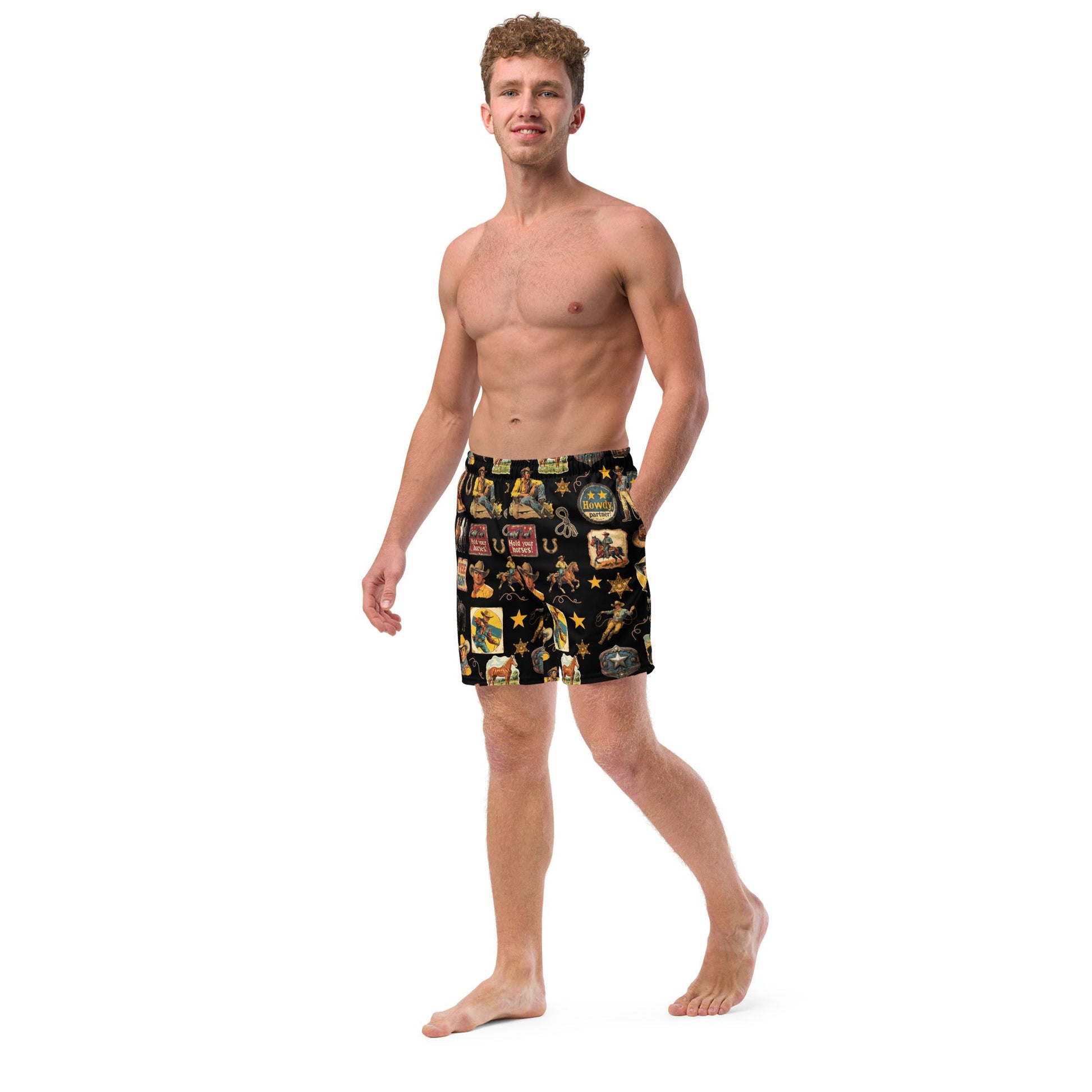 Baha Ranch YEEHAW Vintage Cowboy Collage Western Swim Trunks Shorts