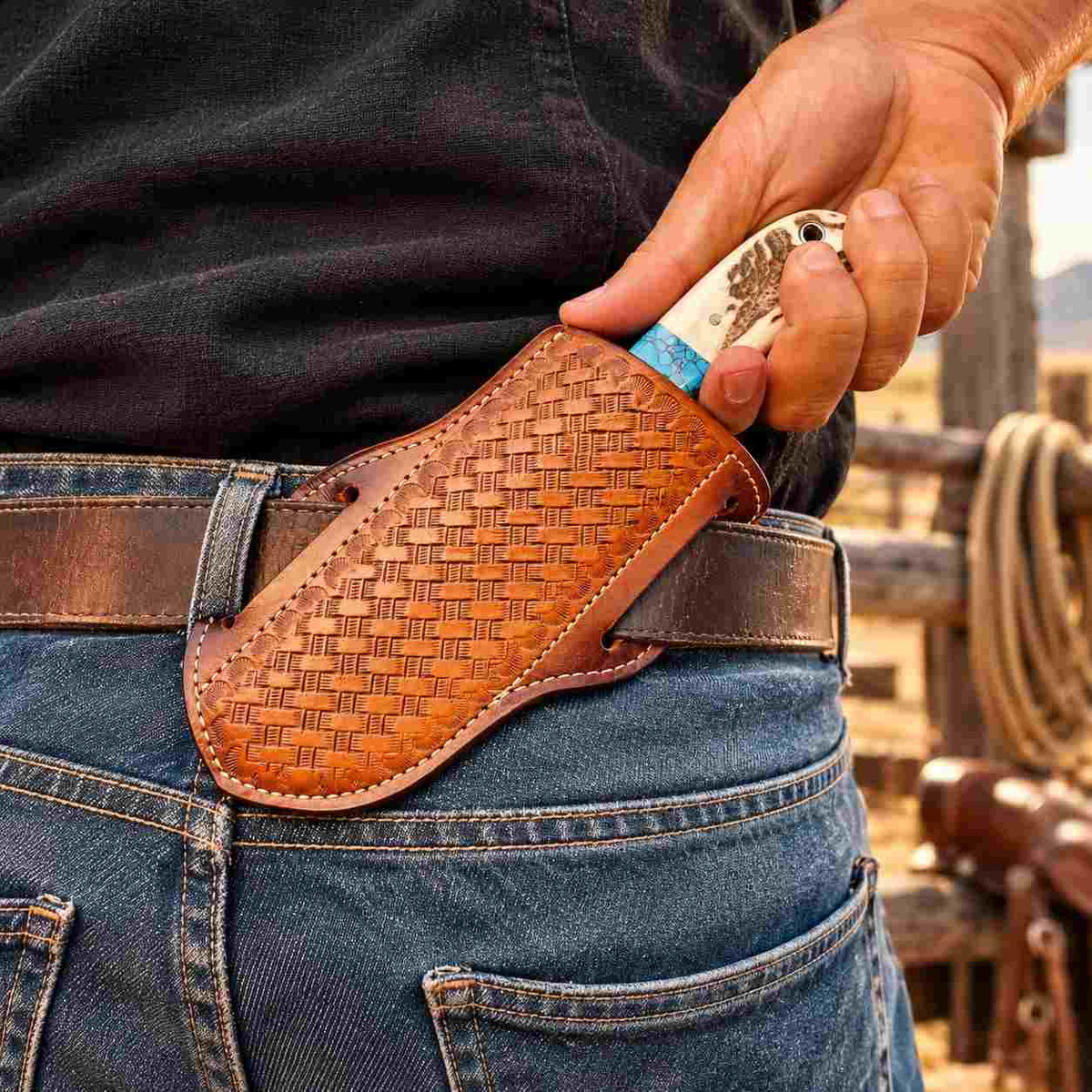 Handmade Raindrop Damascus Cowboy Knife with Antler Horn, Turquoise Handle & Leather Sheath