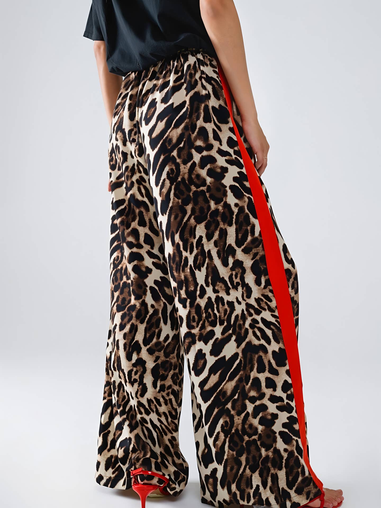 Leopard Print Colorblock Side Striped Wide Leg Pants