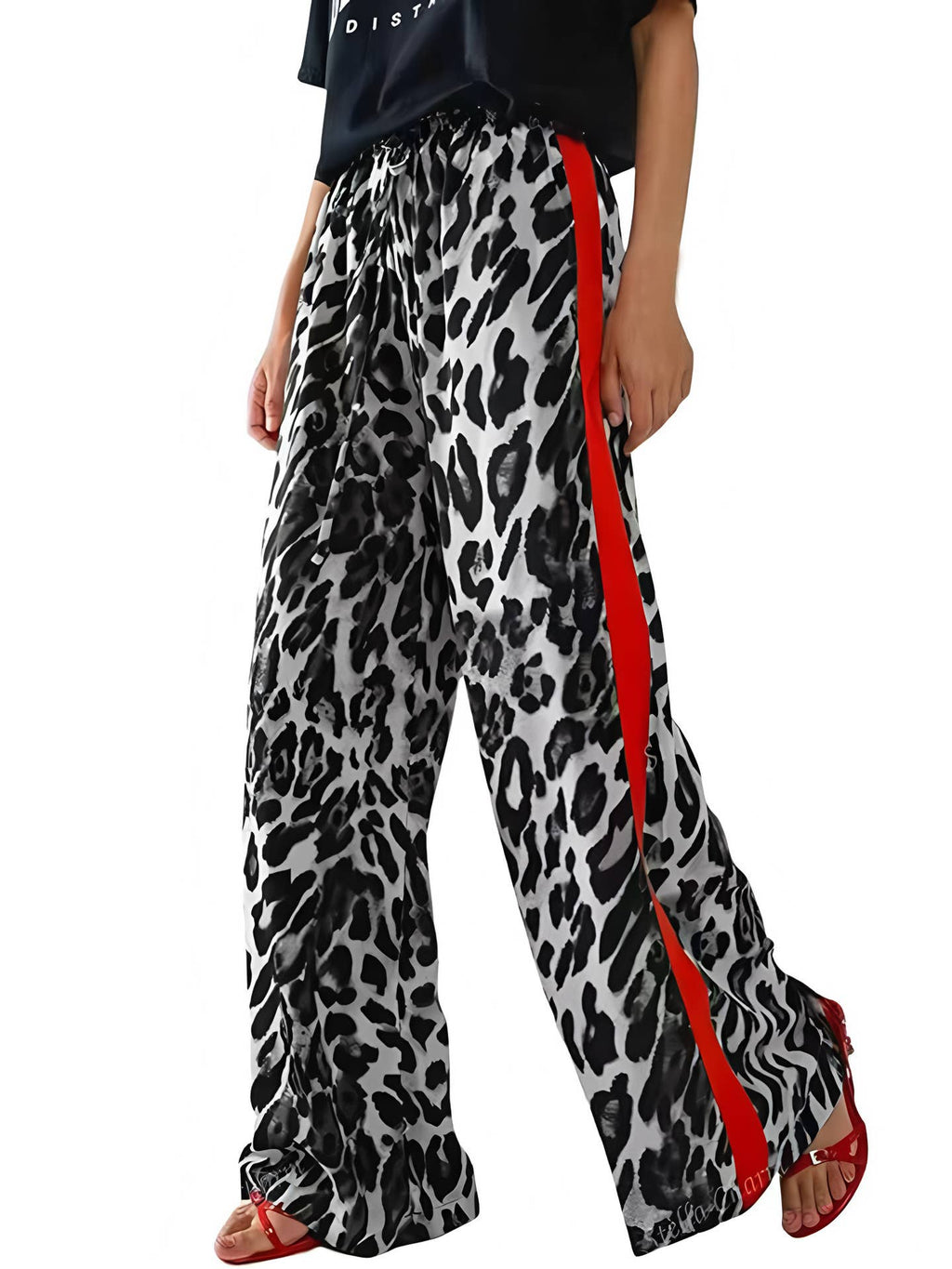 Leopard Print Colorblock Side Striped Wide Leg Pants
